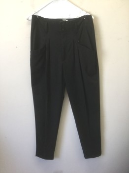 Womens, Slacks, ZARA, Black, Polyester, Viscose, Solid, M, Ultra High Rise Hollywood Waist with Double Pleats, Belt Loops, Low Slung Side Pockets, Tapered Leg, 4 Pockets, Vented Detail at Center Back Waist