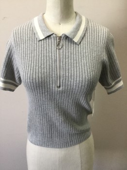 Womens, Top, FOREVER 21, Gray, Rayon, Nylon, Solid, S, Ribbed Knit Sweater Top, Collar Attached with White Band, 1/2 Zip Front, White Stripes Cuff Short Sleeves