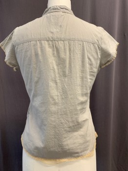 Womens, Top, CATO, Sage Green, Beige, Cotton, S, Lt Sage with Sage Embroidery. Beige Lace and Sequence Detail, B.F., Mesh Hem, Cap Slvs.