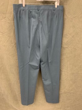 Mens, 1960s Vintage, Suit, Pants, MTO VINCENT COSTUMES, Teal Blue, Wool, Solid, Open, 36, Flat Front, 2 Pockets, Zip Fly, Belt Loops, Open Hem, Made To Order,