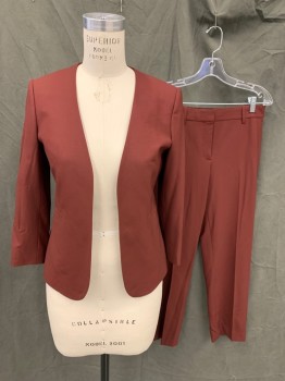 Womens, Suit, Jacket, THEORY, Maroon Red, Wool, Polyamide, Solid, B 34, 4, W 31, Collarless, Open Front, 2 Welt Pckts, L/S