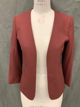 Womens, Suit, Jacket, THEORY, Maroon Red, Wool, Polyamide, Solid, B 34, 4, W 31, Collarless, Open Front, 2 Welt Pckts, L/S