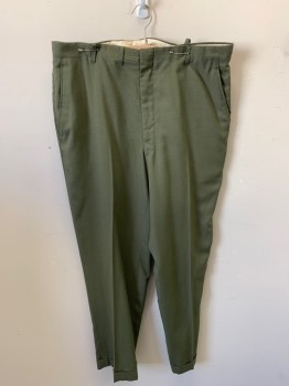 N/L, Dk Olive Grn, Poly/Cotton, Solid, Zip Front, Cuffed, 2 Slant Pockets, 2 Double Welt Pockets with Buttons, Flat Front,