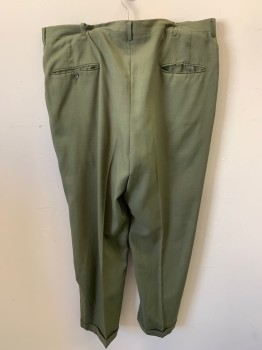 Mens, Slacks, N/L, Dk Olive Grn, Poly/Cotton, Solid, L31, W39, Zip Front, Cuffed, 2 Slant Pockets, 2 Double Welt Pockets with Buttons, Flat Front,