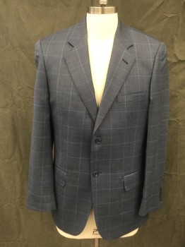 Mens, Sportcoat/Blazer, BARONI, Blue, Lt Blue, Brown, Lt Brown, Wool, Plaid-  Windowpane, 40R, Single Breasted, Collar Attached, Notched Lapel, 3 Pockets, Long Sleeves, Hand Picked Collar/Lapel