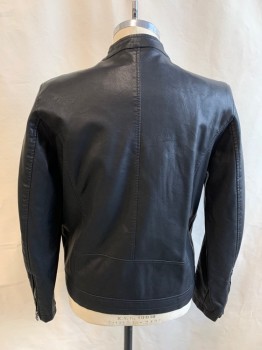 Mens, Leather Jacket, WILSONS LEATHER, Black, Leather, Solid, S, Motorcycle Jacket, Zip Front, Band Collar, Gray Sleeve Stripes, 4 Zip Pockets, Zip Sleeves