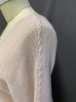Womens, Pullover, N/L, Ballet Pink, Cashmere, Solid, XL, V-neck, Open Weave, Dolman Long Sleeves, Slash Overstitching Down Sleeves