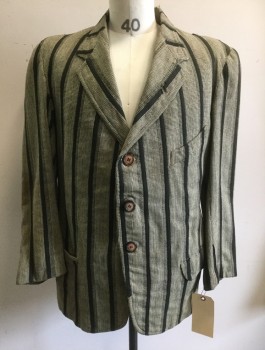 Mens, Suit, Jacket, STAGECRAFT STUDIOS, Cream, Black, Wool, Cotton, Stripes - Vertical , Houndstooth, 40, Coarse Weave with Twill Tape Applique Stripes, Notched Lapel, Single Breasted, 3 Oversized Buttons That Are Different From 2 Cuff Buttons, 1 Angled Chest Welt Pocket, 2 Flap Pockets, Center Back Vent, Shoulder Pads, MTO,  Aged