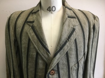 Mens, Suit, Jacket, STAGECRAFT STUDIOS, Cream, Black, Wool, Cotton, Stripes - Vertical , Houndstooth, 40, Coarse Weave with Twill Tape Applique Stripes, Notched Lapel, Single Breasted, 3 Oversized Buttons That Are Different From 2 Cuff Buttons, 1 Angled Chest Welt Pocket, 2 Flap Pockets, Center Back Vent, Shoulder Pads, MTO,  Aged