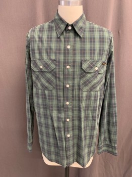 CIVILIANAIRE, Green, Faded Black, Brown, Cotton, Plaid, Button Front, Collar Attached, 2 Flap Pockets, Long Sleeves, Button Cuff