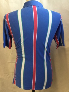 Mens, Polo Shirt, TOURNAMENT BY ARROW, French Blue, Red, Off White, Mint Green, Cotton, Polyester, Stripes - Vertical , M, 3 Button Front, 1 Pocket, Short Sleeves with Cuff