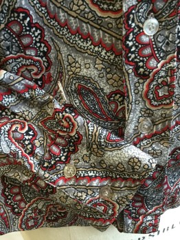 Womens, Blouse, JOYCE, Cream, Gray, Red, Tan Brown, Black, Nylon, Paisley/Swirls, 14, Collar Attached, Button Front, Long Sleeves,
