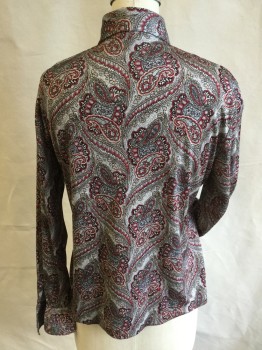 Womens, Blouse, JOYCE, Cream, Gray, Red, Tan Brown, Black, Nylon, Paisley/Swirls, 14, Collar Attached, Button Front, Long Sleeves,
