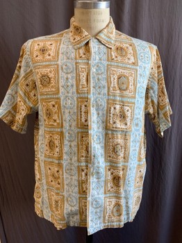 LORD REGIS, White, Brown, Lt Blue, Cotton, Hawaiian Print, Collar Attached, Short Sleeves, 1 Pocket, Novelty Square Hawaiian Print,