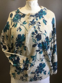 Womens, Sweater, CROFT & BARROW, Lt Beige, Blue, Turquoise Blue, Cotton, Floral, 3X, Button Front, Long Sleeves, Knit,
