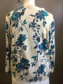 Womens, Sweater, CROFT & BARROW, Lt Beige, Blue, Turquoise Blue, Cotton, Floral, 3X, Button Front, Long Sleeves, Knit,