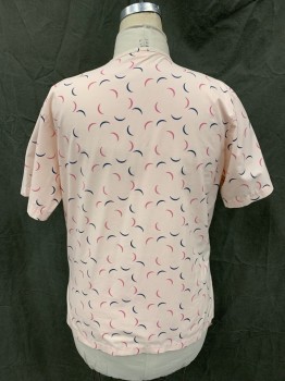 ANGELICA, Lt Pink, Navy Blue, Pink, Poly/Cotton, Abstract , Moon Slivers Pattern, V-neck, Short Sleeves, 2 Pockets * Coffee Stain Under Placket