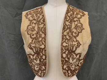 Womens, Vest, N/L, Gold, Brown, Polyester, Floral, B 36, Gold Glittery Vest with Brown/Gold Beaded Floral Pattern, Open Front