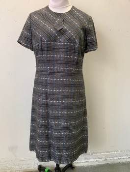 N/L, Charcoal Gray, Brown, White, Cotton, Speckled, Stripes, Short Sleeves, Round Neck, Self Hanging Tab at Bust, Horizontal Seam Across Bust, Straight Fit, Knee Length, Invisible Zipper in Back,