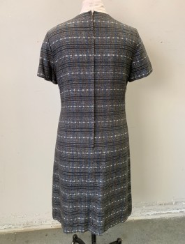 N/L, Charcoal Gray, Brown, White, Cotton, Speckled, Stripes, Short Sleeves, Round Neck, Self Hanging Tab at Bust, Horizontal Seam Across Bust, Straight Fit, Knee Length, Invisible Zipper in Back,