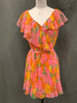 N/L, Pink, Orange, Green, Yellow, Lt Pink, Synthetic, Floral, Sheer, Pleated, Surplice Top with Pleated Ruffle, Hook & Eye Front, Wrap Dress, Self Belt with Bow,