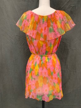 N/L, Pink, Orange, Green, Yellow, Lt Pink, Synthetic, Floral, Sheer, Pleated, Surplice Top with Pleated Ruffle, Hook & Eye Front, Wrap Dress, Self Belt with Bow,