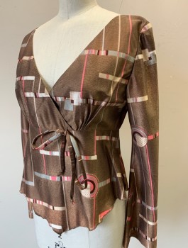 N/L, Brown, Beige, Pink, Gray, Nylon, Geometric, Long Flared Sleeves, Surplice V-neck, Empire Waist, Gathered at Bust, Self Tie Bow at Center Front Bust, Center Back Zipper, Disco,
