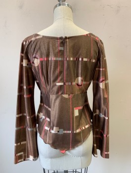 N/L, Brown, Beige, Pink, Gray, Nylon, Geometric, Long Flared Sleeves, Surplice V-neck, Empire Waist, Gathered at Bust, Self Tie Bow at Center Front Bust, Center Back Zipper, Disco,