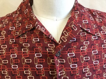 N/L, Brick Red, Orange, Lime Green, Black, White, Rayon, Rectangles, Ovals, Collar Attached, Button Front, Short Sleeves, Side Split Hem