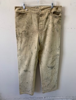 N/L, Beige, Cotton, Solid, Button Fly, 4 Pockets, Flat Front, Buttons at Waistband, *Aged/Distressed*