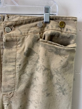 N/L, Beige, Cotton, Solid, Button Fly, 4 Pockets, Flat Front, Buttons at Waistband, *Aged/Distressed*