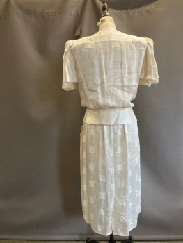 Womens, 1980s Vintage, Top, ROBINSON'S, Cream, Silver, Polyester, Lurex, Squares, W:26, B:34, H:40, Jacquard, Surplice V-N, Wide Waistband with Off Center 4 Button Loop Closure, Pleats Gathered At Ends Of Waistband, Stitched Detail At Yoke, Shoulder Pads, Pleats At Shoulders Into Short Flutter Sleeves
