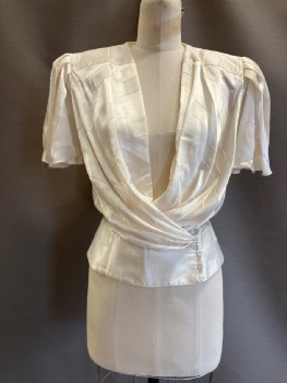ROBINSON'S, Cream, Silver, Polyester, Lurex, Squares, Jacquard, Surplice V-N, Wide Waistband with Off Center 4 Button Loop Closure, Pleats Gathered At Ends Of Waistband, Stitched Detail At Yoke, Shoulder Pads, Pleats At Shoulders Into Short Flutter Sleeves