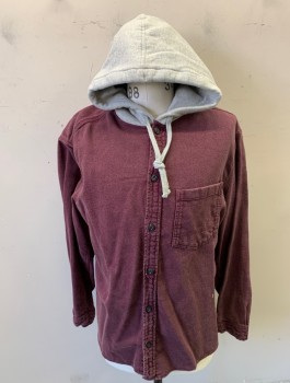 BDG, Red Burgundy, Heather Gray, Cotton, Polyester, Solid, Heavyweight Cotton Shirt Jacket, Long Sleeves, Button Front, Attached Gray Jersey Hood with Drawstrings at Neck, 1 Patch Pocket, Multiples