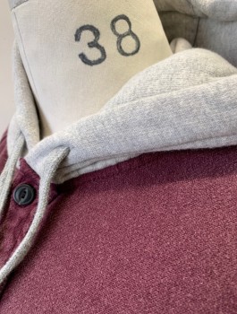 BDG, Red Burgundy, Heather Gray, Cotton, Polyester, Solid, Heavyweight Cotton Shirt Jacket, Long Sleeves, Button Front, Attached Gray Jersey Hood with Drawstrings at Neck, 1 Patch Pocket, Multiples