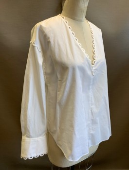 Womens, Blouse, SANDRO, White, Cotton, Solid, M, L/S, V-Neck, Looped White Applique Trim at Edges, Pullover, Multiples