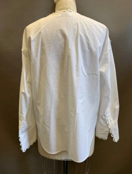Womens, Blouse, SANDRO, White, Cotton, Solid, M, L/S, V-Neck, Looped White Applique Trim at Edges, Pullover, Multiples