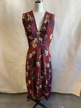 Womens, Dress, ULF ANDERSSON, Wine Red, Black, Beige, Poly/Cotton, Floral, S, V-N, Pleated From Shoulders to Bust, Zip Side, Hem Below Knee