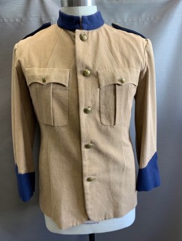 N/L MTO, Khaki Brown, Navy Blue, Cotton, Wool, Military Jacket (Teddy Roosevelt), Twill, Navy Felt Accents, Stand Collar, 5 Gold Embossed Buttons, Epaulettes, 2 Pockets, Made To Order
