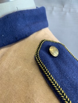 N/L MTO, Khaki Brown, Navy Blue, Cotton, Wool, Military Jacket (Teddy Roosevelt), Twill, Navy Felt Accents, Stand Collar, 5 Gold Embossed Buttons, Epaulettes, 2 Pockets, Made To Order
