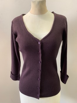 R, Aubergine Purple, Acrylic, Solid, Button Front, Rib Knit, 3/4 Sleeves with Cuffs