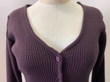 Womens, Cardigan Sweater, R, Aubergine Purple, Acrylic, Solid, S, Button Front, Rib Knit, 3/4 Sleeves with Cuffs