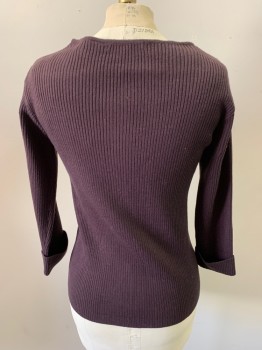 Womens, Cardigan Sweater, R, Aubergine Purple, Acrylic, Solid, S, Button Front, Rib Knit, 3/4 Sleeves with Cuffs