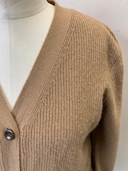 Womens, Cardigan Sweater, APC, Tan Brown, Wool, Cashmere, Solid, B38, Long Sleeves, Button Front, 5 Buttons, Rib Knit