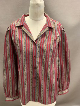 LADY ARROW, Maroon Red, Navy Blue, Tan Brown, Gold, Polyester, Stripes, L/S, Button Front, C.A.,