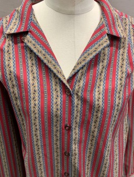 Womens, Blouse, LADY ARROW, Maroon Red, Navy Blue, Tan Brown, Gold, Polyester, Stripes, 36 B, L/S, Button Front, C.A.,