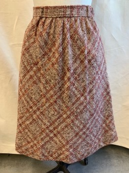 Womens, Skirt, N/L, Rust Orange, Red, Brown, White, Wool, Rayon, Plaid, Tweed, W28, 13, A-line, Side Button, 2 Pockets, Belt Loops, Lightly Gathered Front and Back at Waist