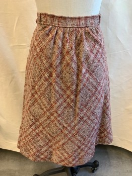 N/L, Rust Orange, Red, Brown, White, Wool, Rayon, Plaid, Tweed, A-line, Side Button, 2 Pockets, Belt Loops, Lightly Gathered Front and Back at Waist