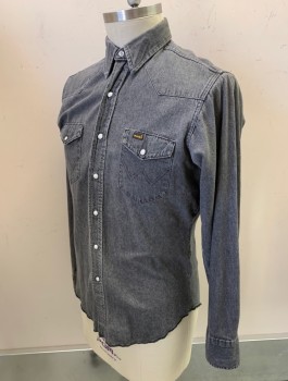 WRANGLER, Faded Black, Cotton, Denim, L/S, Snap Front, Collar Attached, Western Style Yoke, 2 Pockets With Flaps