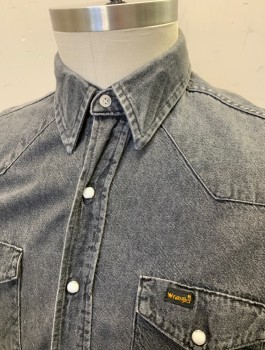 Mens, Western, WRANGLER, Faded Black, Cotton, S:36, N:16.5, Denim, L/S, Snap Front, Collar Attached, Western Style Yoke, 2 Pockets With Flaps